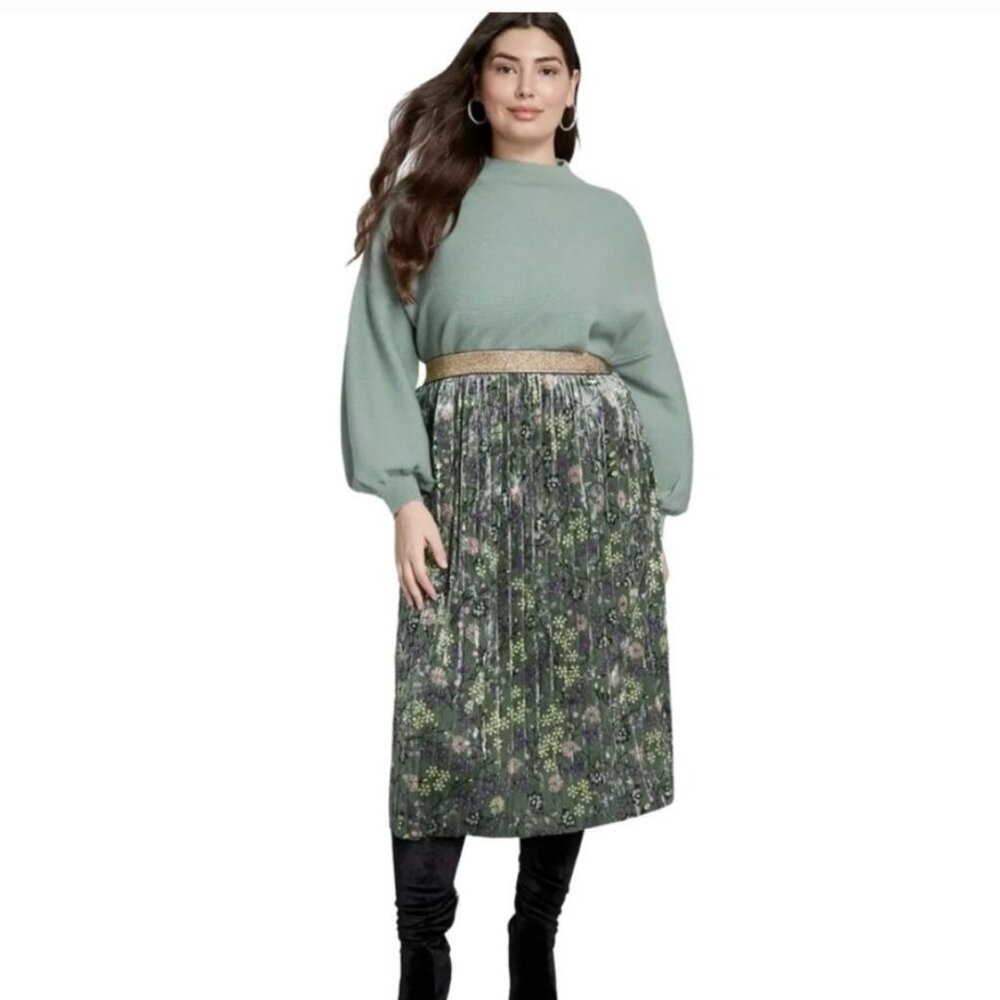 ModCloth Floral Pleated  Green Velvet Skirt 1X Gold Waistband Retro Fairycore - Picture 16 of 16